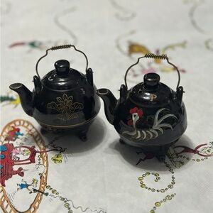 Black Miniature Teapot Set with Gold and Red Accents